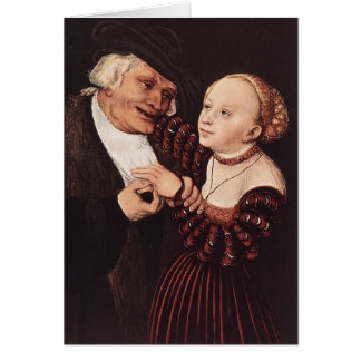 Gamal man och barnkvinna vid Lucas Cranach Hälsningskort