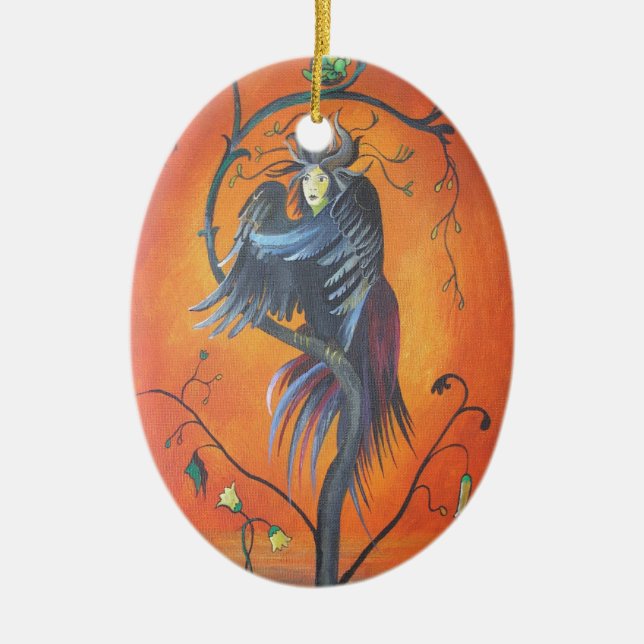Gamaun, det profetiska fågelet med ruffade fjädrar julgransprydnad keramik (Framsidan)