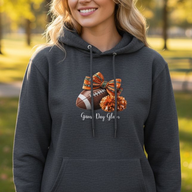 Game Day Glam • Football Bow Hoodie T Shirt (hoodie with football, orange bows and pom poms for game day fans)
