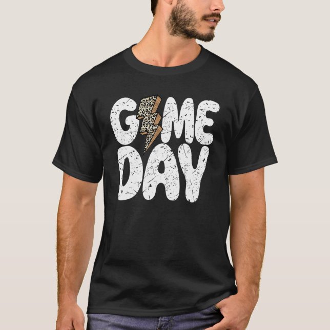 Game Day Leopard Print Lightning Bolt Football Spo T Shirt (Framsida)