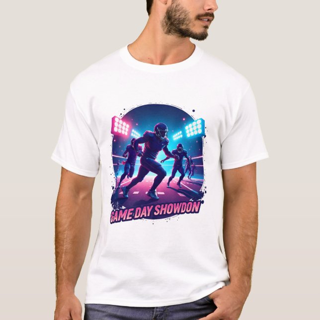 Game Day Showdown – Neon Football Action Graphic T Shirt (Framsida)