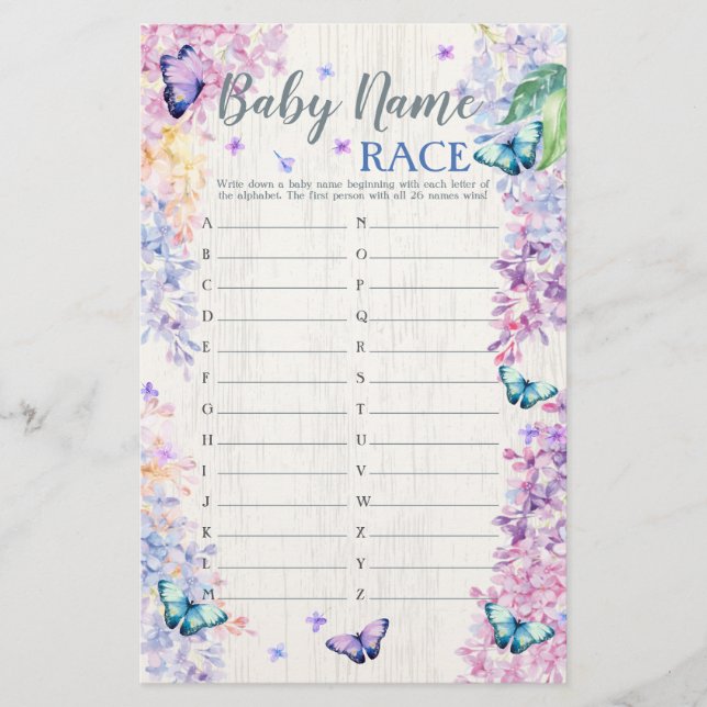 Game för fjäril Baby Shower | Spelet Baby Namn Täv (Framsida)
