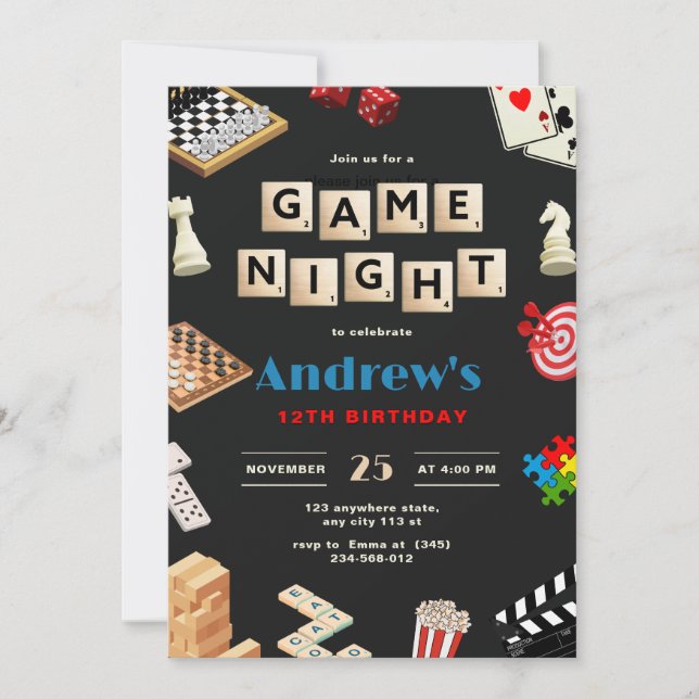 Game Night Födelsedagsfest Roliga Brädspel Barn  Inbjudningar (Framsida)