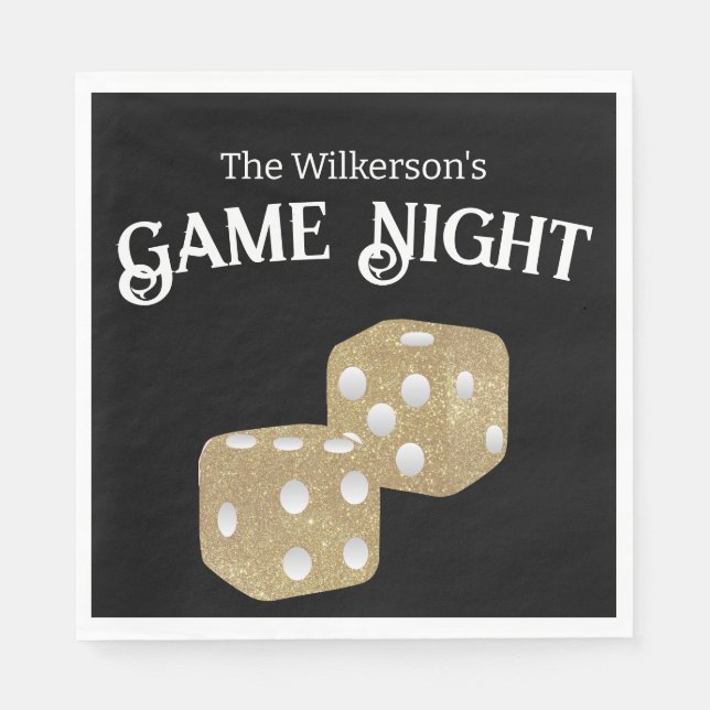 Game Night Guld Glitter Dice på Black Pappersservett (Framsidan)