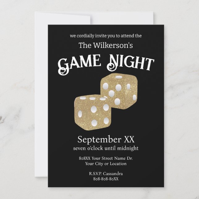 Game Night Guld Glitter Tärningar på Svart Inbjudningar (Framsida)