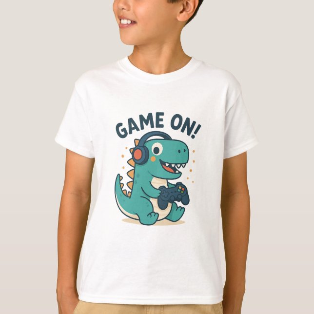 Game On! Cool Gamer Dinosaur Barn T-Shirt (Framsida)