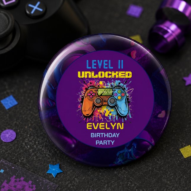 Game On Level Up TV-spel Födelsedag Knapp (Game On Level Up Video Game Birthday Button)