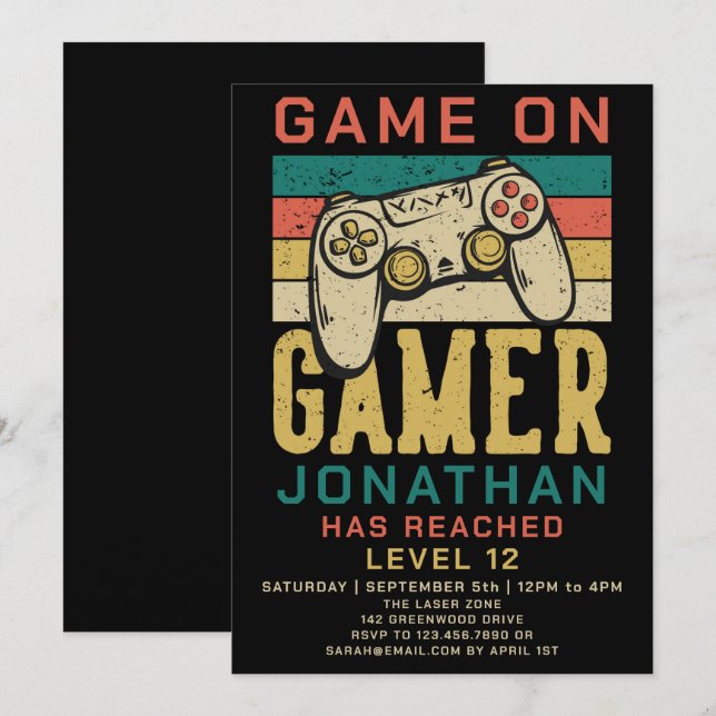 Game On Level Up TV-spel Födelsedagsfest Inbjudan (Fram/baksida)