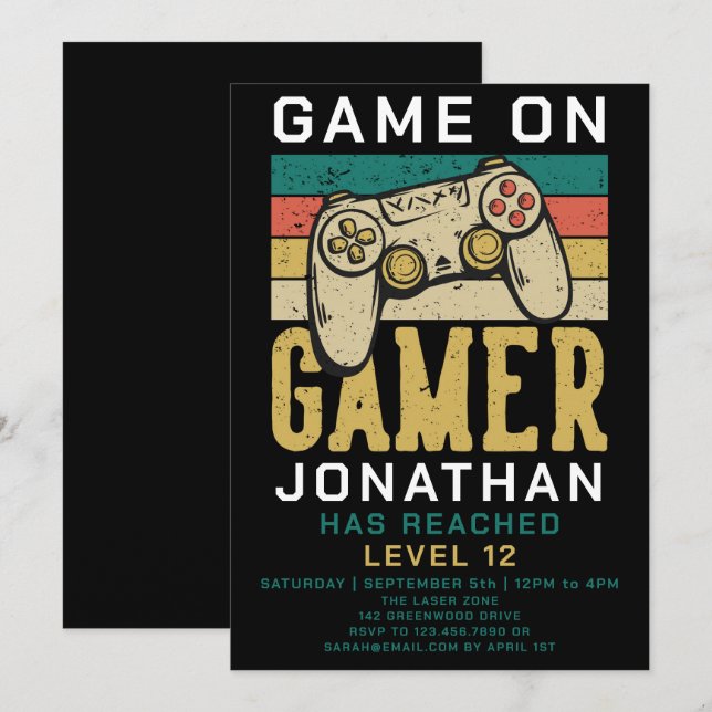 Game On Level Up TV-spels Födelsedagsfest Inbjudningar (Fram/baksida)