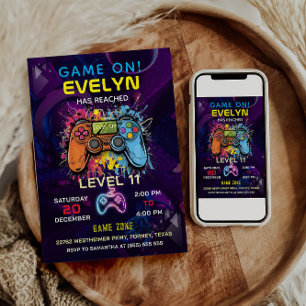 Game On Level Up Video Game Födelsedag Inbjudningar
