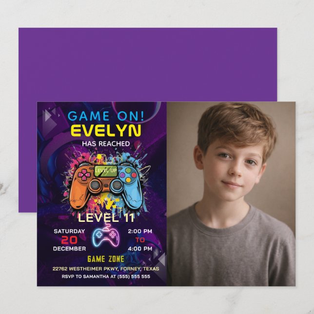 Game On Level Up Video Game Födelsedag Inbjudningar (Fram/baksida)