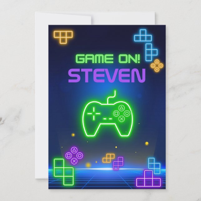 Game on neon grön, blå, gul gamer Inbjudan (Framsida)