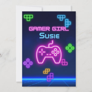 Game on neon rosa, blå, gul gamer-inbjudan inbjudningar