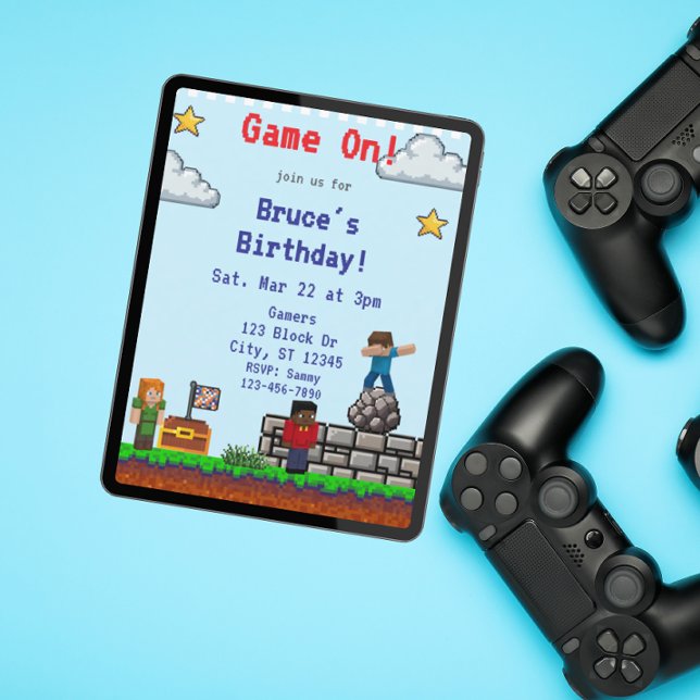 Game On! Pixel Block Game Födelsedag Inbjudningar (Skapare uppladdad)