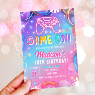 Game On TV-spel Arcade VR Neon Flicka Födelsedag Inbjudningar