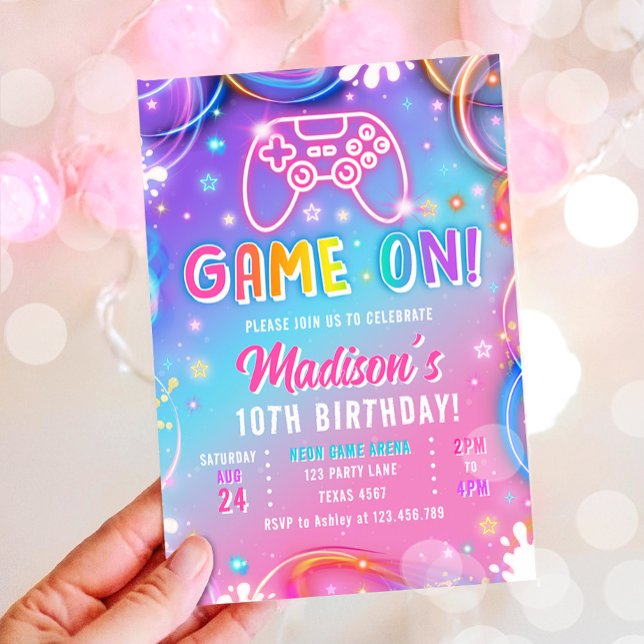 Game On TV-spel Arcade VR Neon Flicka Födelsedag Inbjudningar (Skapare uppladdad)