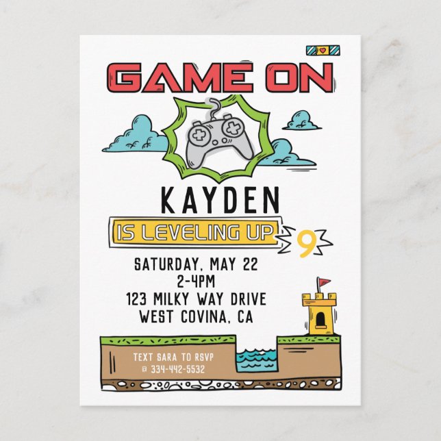 Game On TV-spel Födelsedags Postkort Inbjudan (Framsida)