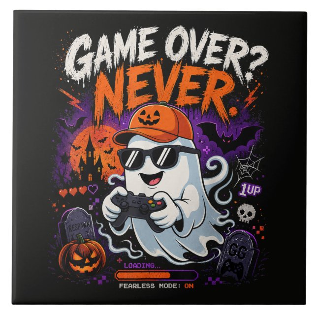 Game Over Aldrig Rolig Gamer Spöke Halloween Kakelplatta (Framsidan)