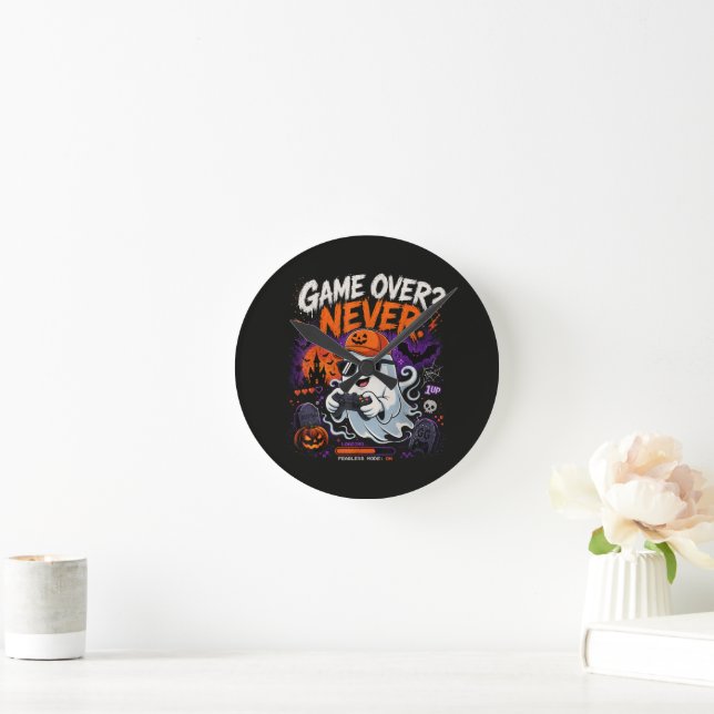 Game Over Aldrig Rolig Gamer Spöke Halloween Rund Klocka (Hem)