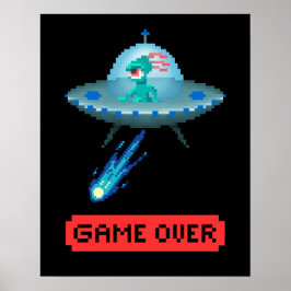 'Game over', Alien Flies UFO-rymdskepp, Pixel Art Poster