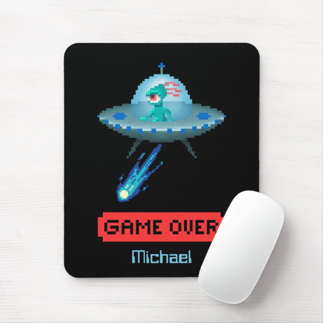 'Game Over' Alien Flygande UFO Rymdskepp, Pixel Ar Musmatta (Med mus)