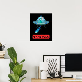 'Game Over' Alien Flygande UFO Rymdskepp, Pixel Ar Poster
