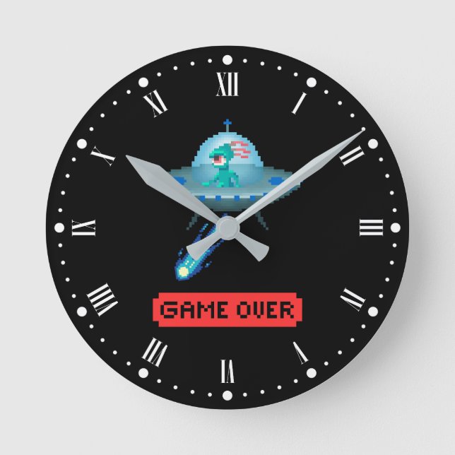 'Game Over' Alien Flygande UFO Rymdskepp, Pixel Ar Rund Klocka (Framsida)
