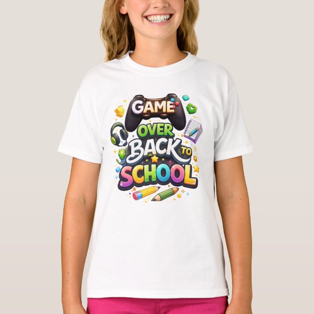 “Game Over – Back to School” Färgglad Speltema T Shirt (Framsida)