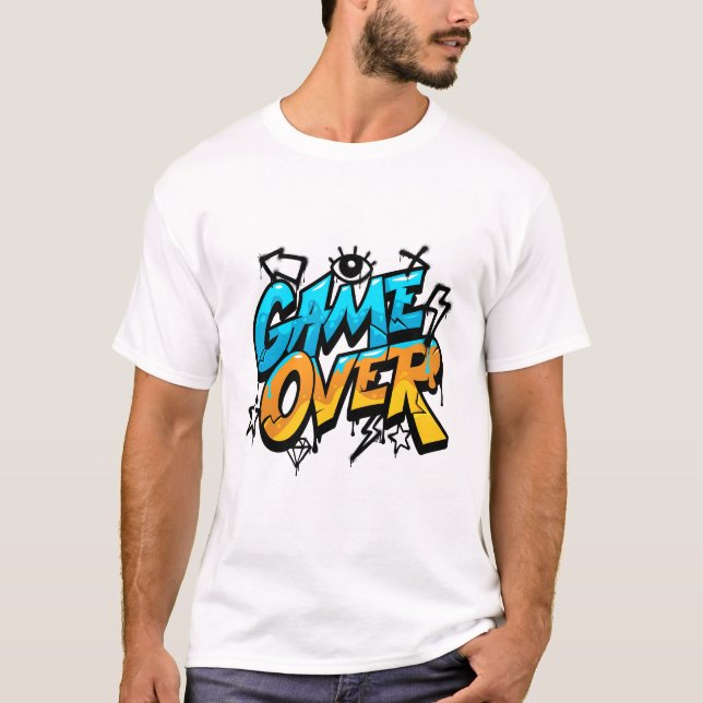 Game Over Graffiti Design – Blue and Orange Street T Shirt (Framsida)