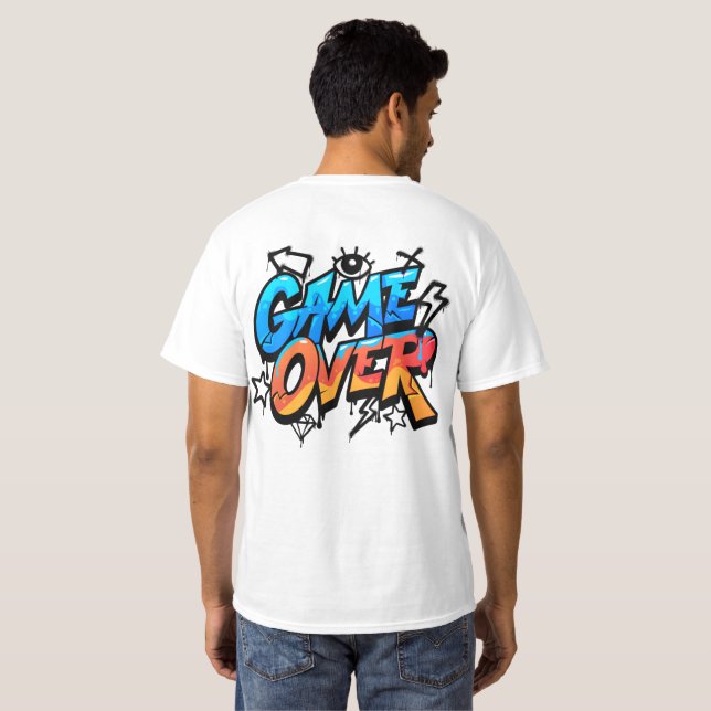 Game Over Graffiti Style Gamer T-Shirt – Djupblå (Hel baksida)