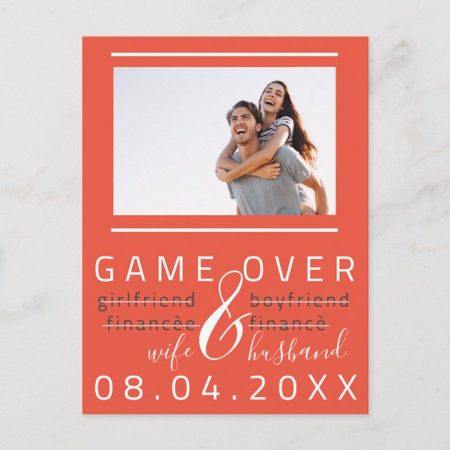 Game Over Rolig Save the Date Foto Wow Coral Vykort (Framsida)
