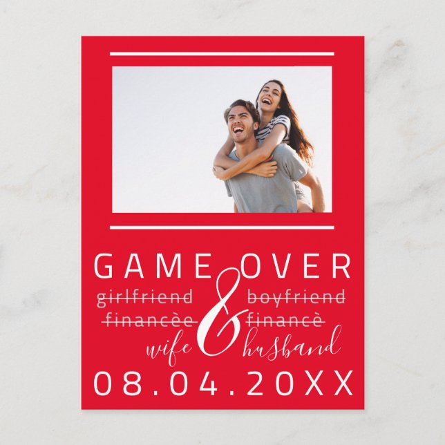 Game Over Roligt Spara Datum Foto röd Vit Vykort (Framsida)