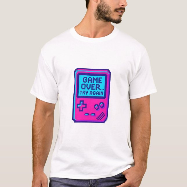 Game Over Try Again – Retro Pixel Gamer  T Shirt (Framsida)