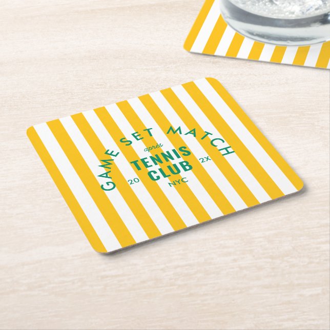 Game Set Match Après Tennis Club Yellow Stripe Underlägg Papper Kvadrat (Vinklad)