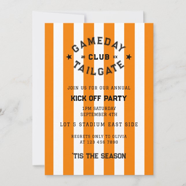 Gameday Tailgate Klubb Kick Off Party Orange Team Inbjudningar (Framsida)