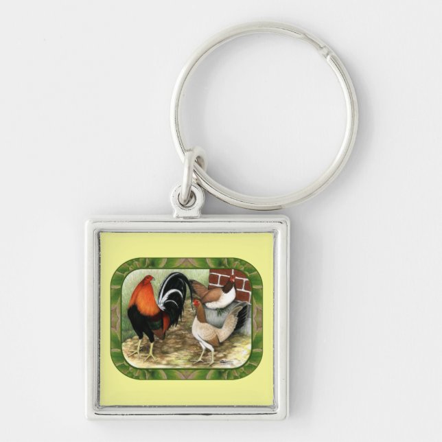 Gamefowl på gården fyrkantig silverfärgad nyckelring (Framsidan)