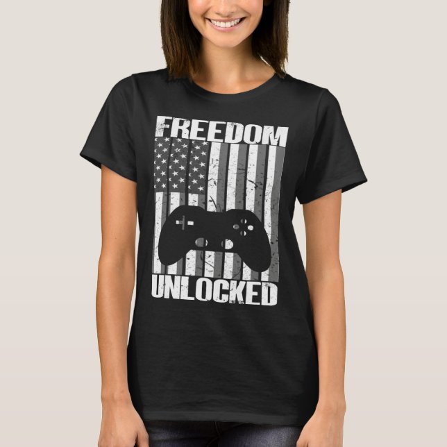 Gamer 4th Of July Freedom Unlocked Video Games Boy T Shirt (Framsida)