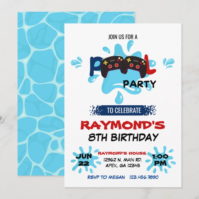 Gamer Bassäng Party Birthday Inbjudningar (Fram/baksida)