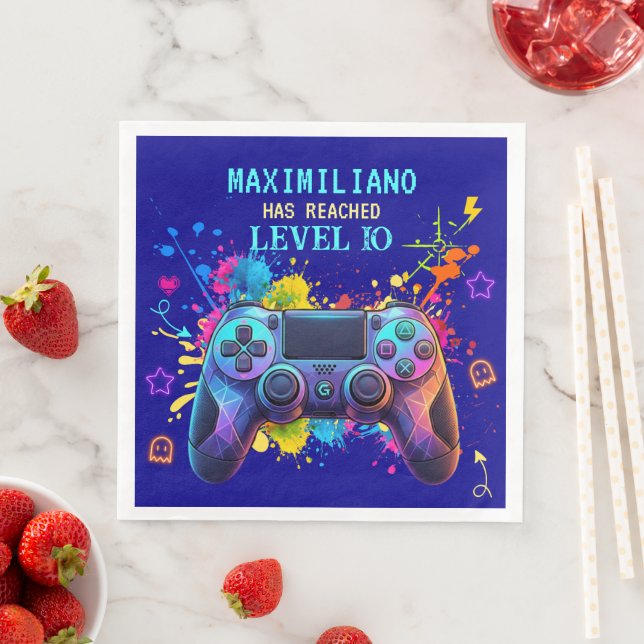 Gamer Birthday Blue Splatter Paint Video Game Pappersservett (Insitu)