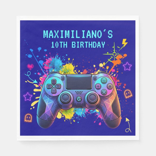 Gamer Birthday Blue Splatter Paint Video Game Pappersservett (Framsidan)