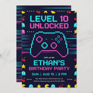 Gamer Birthday Invitation  Pixel Video Game Party Inbjudningar