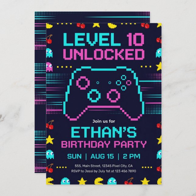 Gamer Birthday Invitation  Pixel Video Game Party Inbjudningar (Fram/baksida)