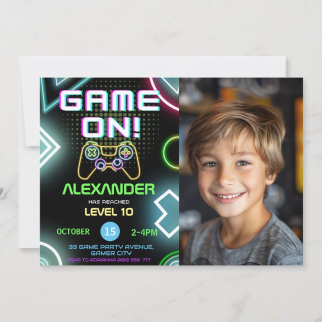 Gamer Boy 10th Neon Gaming Birthday Photo Inbjudningar (Framsida)