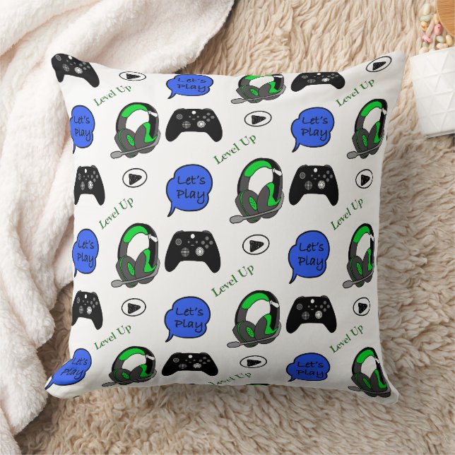 Gamer Boy Blue, Lime Green och Black Kudde (Filt)