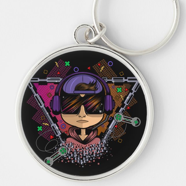 Gamer Boy Rund Silverfärgad Nyckelring (Framsidan)