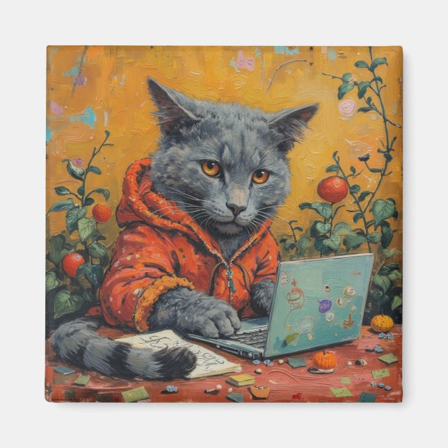 Gamer Cat at the Computer – Funny Tech Meme Square Magnet (Framsidan)