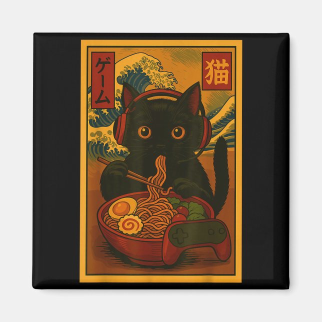 Gamer Cat Eating Ramen Japanese Style  Magnet (Framsidan)