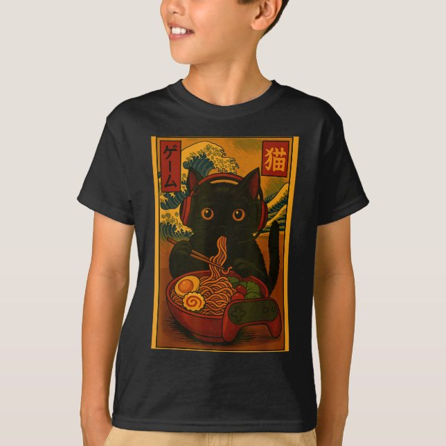 Gamer Cat Eating Ramen Japanese Style  T Shirt (Framsida)