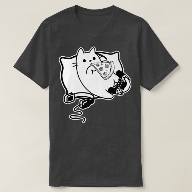 Gamer Cat Girl Boy laddar Pizza, Headset och Pad T Shirt (Design framsida)