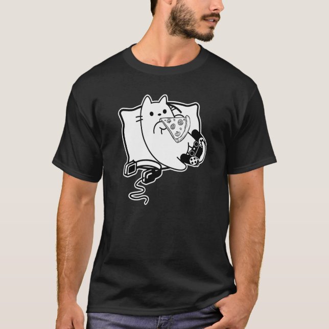 Gamer Cat Girl Boy laddar Pizza Headset och Pad T Shirt (Framsida)